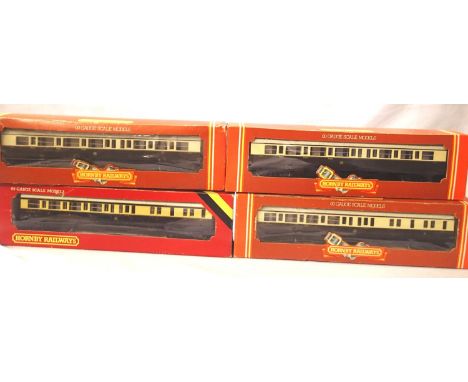 Four Hornby G.W.R coaches, chocolate/cream, very good condition, boxes with wear. P&amp;P Group 1 (£14+VAT for the first lot 