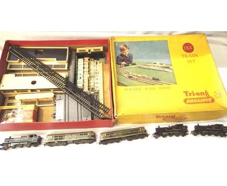 Triang TT, 3mm scale including five locomotives, station buildings, level crossings, coach seating etc. Mostly fair to good c