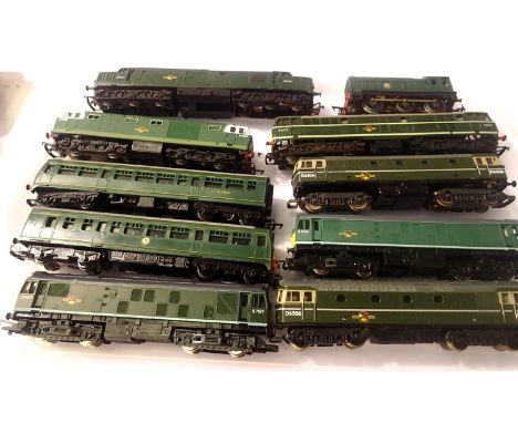 Nine OO scale Diesel locomotives, all Green Livery, various types includes two Car D.M.W. Suitable for spares or refurbishmen