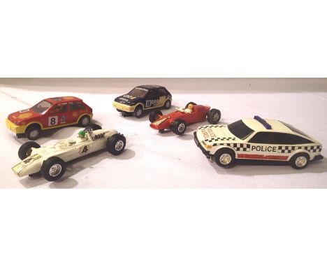 Five scalextric cars, two Single seat, two Metro and Rover 3500 Police. In mostly fair to good condition. P&amp;P Group 1 (£1