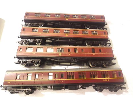 Four OO scale L.M.S coaches, three Hornby and one Lima. In very good condition, unboxed. P&amp;P Group 1 (£14+VAT for the fir