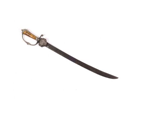 An 18th century silver hilted hunting sword, slightly curved saw back blade 22" with full length fullers marked "SAHAGUN" (fa