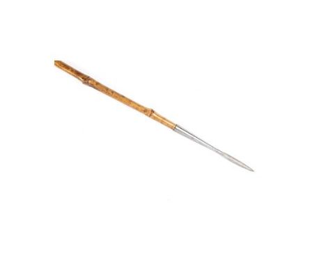 A bamboo cavalry lance, the head and shoe with ordnance inspector's marks, with buckskin arm loop, 108" overall. £50-60