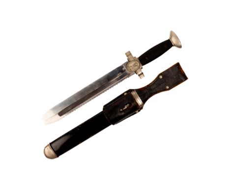 A Third Reich DRK (Red Cross) Subordinate's Hewer, the blade marked "Ges.Geschutzt", with plated pot metal hilt and black gri