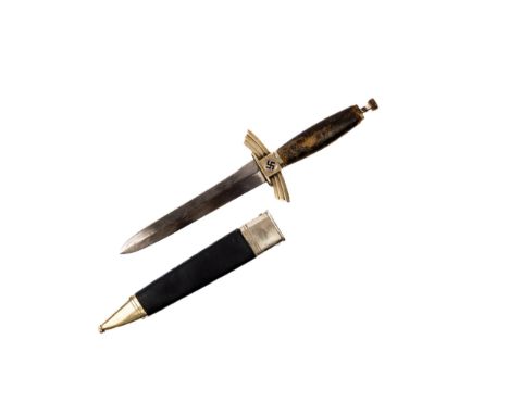 A Third Reich DLV Flyer's knife, by SMF Solingen, with nickel silver crossguard and enamelled swastikas, in its scabbard, the