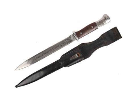 A WWII period German K98 bayonet, the blade with "41 cve" maker's code, etched on one side "SS Liebstandarte Adolf Hitler" an