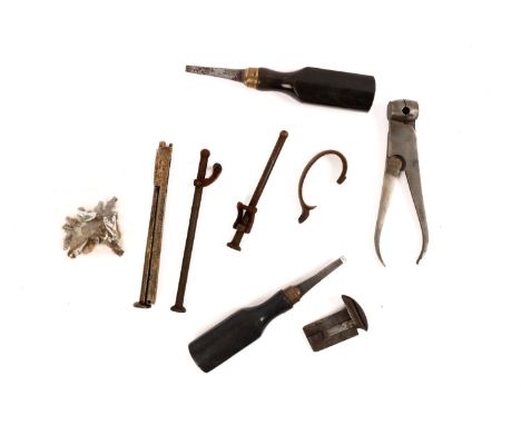 Antique gun parts/tools: breech wedge for a rare Wilson Patent breech loading percussion rifle; 5" swivel ramrod and barrel r