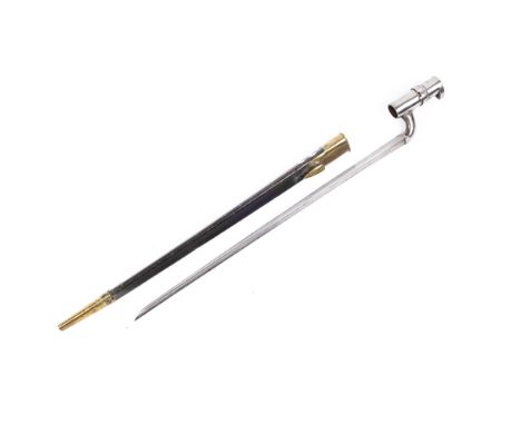 A good Pattern 1853 Enfield socket bayonet, blade marked "WS" , in its brass mounted leather scabbard. GC £40-50