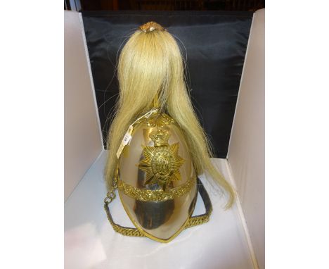 A  other ranks white metal helmet of the Sussex Light Horse, c 1880-, brass mounts, white horse hair plume. GC (interior lini