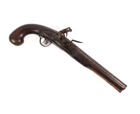 A mid 18th century 20 bore military style flintlock holster pistol, 17" overall, octagonal barrel 11", plain slightly banana 