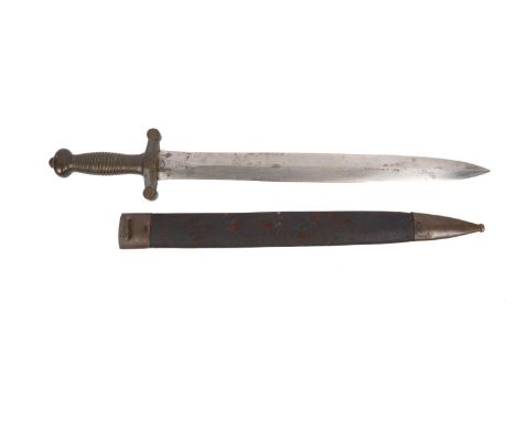 A French 19th Century sidearm, double edged blade 19" marked "Talabot Paris", ribbed brass hilt, in its brass mounted scabbar
