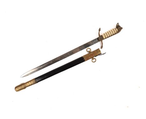 A good well aged copy of a post 1902 Naval midshipman's dirk, with etched blade and brass mounted leather scabbard. GC £50-10