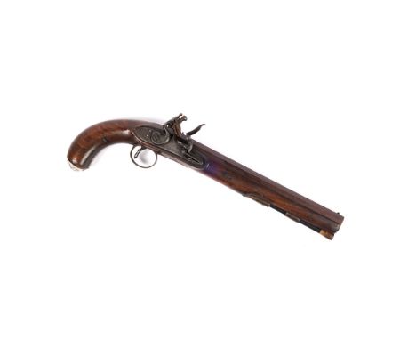 A 20 bore flintlock holster or target pistol c 1820, 15½" overall, sighted octagonal barrel 10", flat stepped lock with swan 