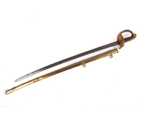 A Victorian Royal Engineer officer's sword, brass hilt, profusely etched blade, in its brass scabbard (Field officer). Genera