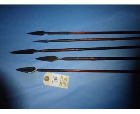 5 Indian armour piercing tipped arrows, bamboo shafts with painted and varnished decoration. GC £50-80