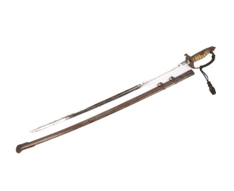A low quality copy of a Japanese civil style sword, with chrome plated blade, brass hilt with sharkskin grip, and steel scabb