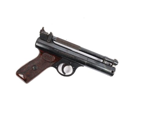 A post 1958 .22" Webley Senior air pistol, numbedr 152, with brown bakelite grips and inspector's initial "R". Basically GC, 