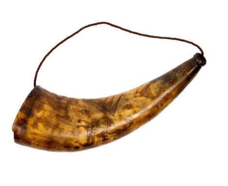 A Georgian powder horn heavily decorated with scrimshaw carving, including "Le Pompey 74 Gathercole 63 Regt 17 December" with