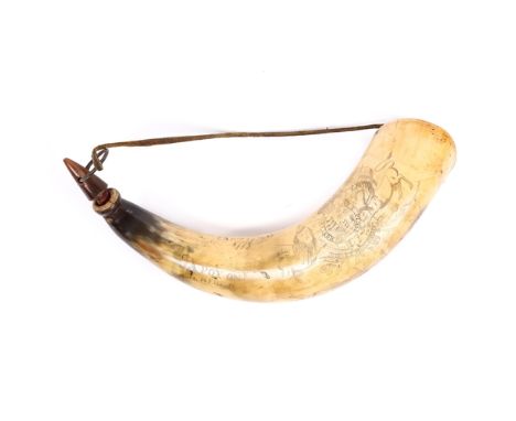 A fine Colonial American scrimshaw engraved powder horn, 12" overall, dating from the beginning of the War of Independence, b
