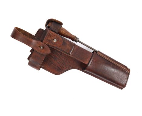 A Mauser Model 1896 shoulder stock holster, brown leather with steel furniture, it incorporates a wooden handled stripping to