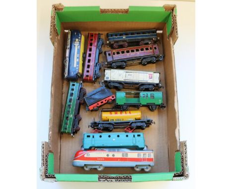 Brimtoy tinplate diesel locomotive no. D5001, collection of other tinplate rolling stock coaches, etc 