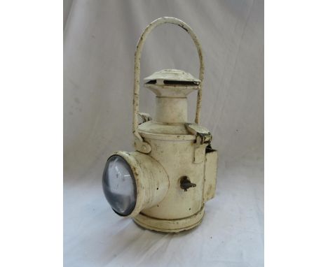 British Railways cream painted railway lamp, with clear bullseye lens, H38cm
