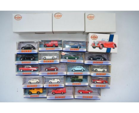 Collection of boxed diecast Dinky vehicle models incl. 3 DY-S 17 1939 Triumph Dolomite (1 missing outer plain protective box)