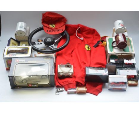 Collection of mostly Ferrari, Porsche and Mini ephemera including a Ferrari jacket (no size, poss. L/XL, Ferrari baseball cap