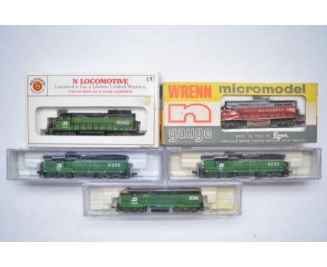 Five N gauge US diesel locomotive models to include 3x Life Like Models 8 wheeler diesel locos (2x SD7 and 1x GP38), Bachmann