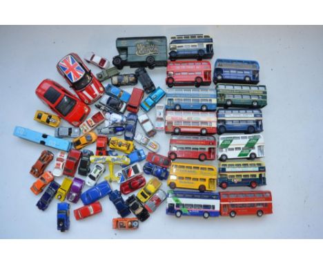 Collection of used diecast vehicle models from Corgi, Dinky, Hotwheels, Matchbox etc including Corgi Double Decker buses, Ton