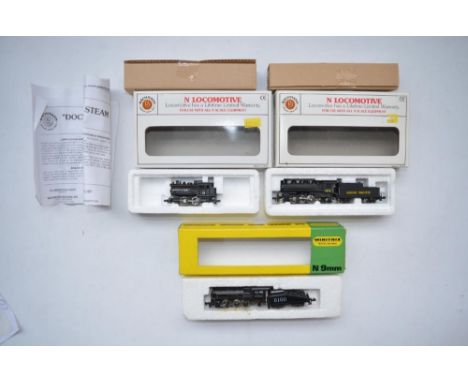 Three boxed N gauge American steam locomotives to include Bachmann Prairie 2-6-2 Union Pacific with tender (excellent conditi