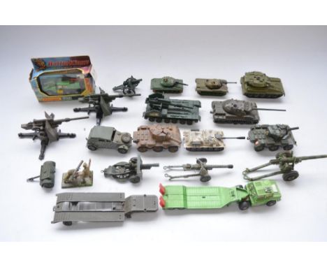 Collection of used diecast military vehicle models including a metal tracked Solido AMX 30T, 2x Dinky 88mm Flak cannons, boxe