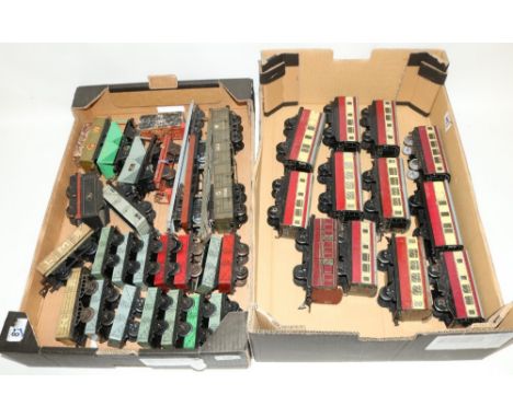 Hornby 0 gauge tin plate mixed goods wagons including twin bogey flat beds , open goods vans hopper wagons, Hornby 0 gauge ti