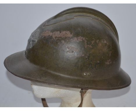 WW2 era French Army M26 Adrian steel helmet with brown leather liner and chinstrap 