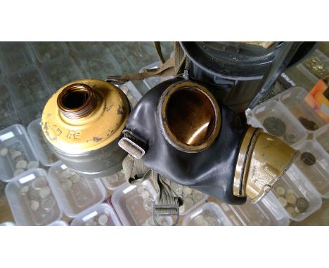 Wehrmacht gas mask container with gas mask and spare lenses, an aluminium 2 piece mess tin and a slatted vent/light guard (un