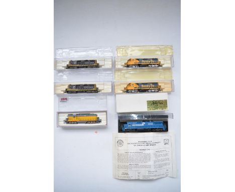 Six boxed N gauge American diesel train models to include Bachmann Spectrum GE Dash 8-40C, Atlas Model Railroad Co GP-9 TT "M