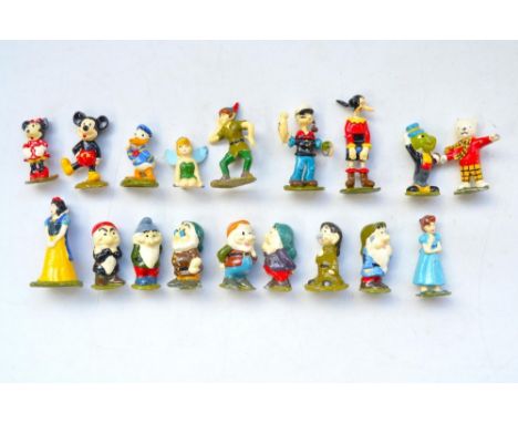 Collection of 18 vintage cast metal cartoon characters including Snow White And The Seven Dwarves, Popeye and Olive Oil, Mick