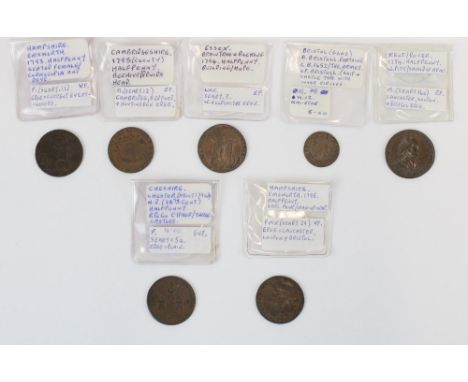 C17th/18th English provincial conder token coins inc. Bristol 1652 farthing castle type inner circles, Braintree &amp; Bockin