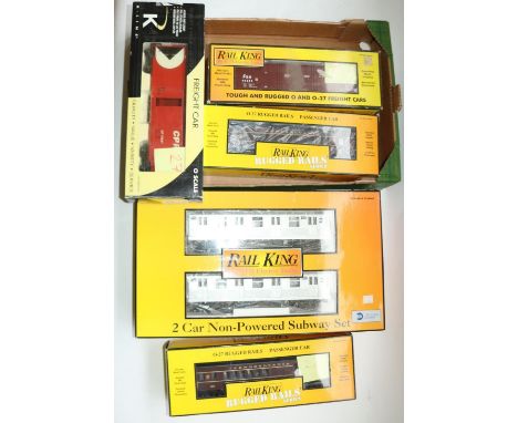 Rail King by MTH Electric Trains: 2 Car Non-Powered Subway Set, two O-27 Rugged Rails passenger cars, and two boxcars (5) 