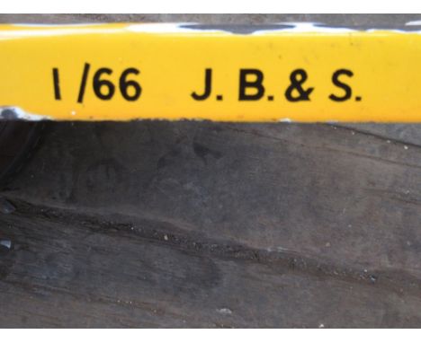 British Rail distant signal arm, yellow and black enamel, marked J.B. &amp; S 1/66 BR, L106cm 