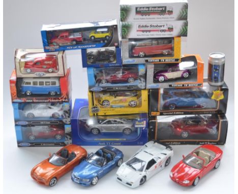 Collection of previously displayed diecast car models, various scales and  manufacturers. Includes boxed Revell and Maisto 1/