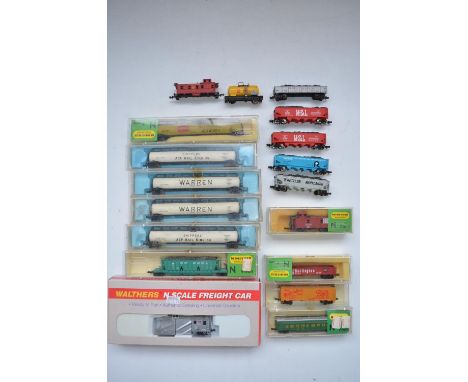 Collection of N gauge American freight wagons including a Russell Union Pacific Snow Plough by Walthers and various wagons fr