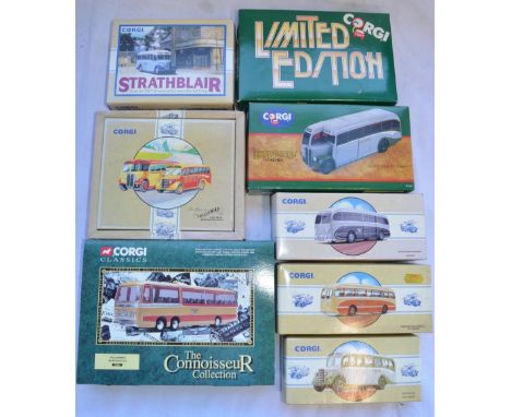 Seven  boxed 1/50 scale diecast bus models by Corgi including limited editions to include Yelloways Bedford Val Set, Burlingh