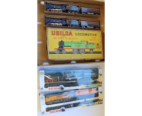 Chad Valley Ubuilda locomotive, 2 contemporary tinplate clockwork "LMS" locomotives and coaches, 2 boxed railroad locomotives
