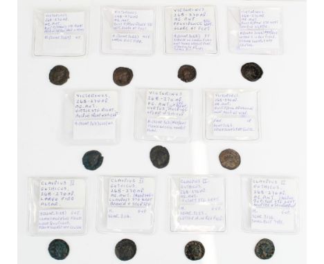 Eleven co-rulers Claudius II and Victorinus 268 - 270AD Roman coins incl. Claudius coin depicting large fire alter, and anoth