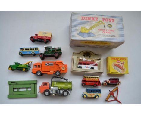 Boxed Dinky Toys set 752 Goods Yard Crane and set 324 Hay Rake, an unboxed Dinky Johnston Road Sweeper and Disc Harrow, and a