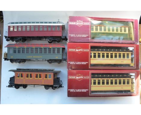 Five G gauge Bachmann passenger coaches, 3 boxed incl. Pullman Gladiolus coach in good used condition and 2 Jackson Sharp Sou