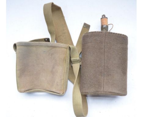 British military thermos flask stamped and dated 1943 and 2 British Army water canteens, with cork stoppers and shoulder stra