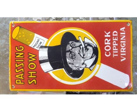 'Passing Show' Cork Tipped Virginia enamel advertising sign, H42cm W42cm
