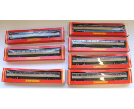Rake of 7 Hornby OO gauge BR Mark 4 intercity coaches comprising 5R.407 tourist open, R.408 catering service car, R.405 coach